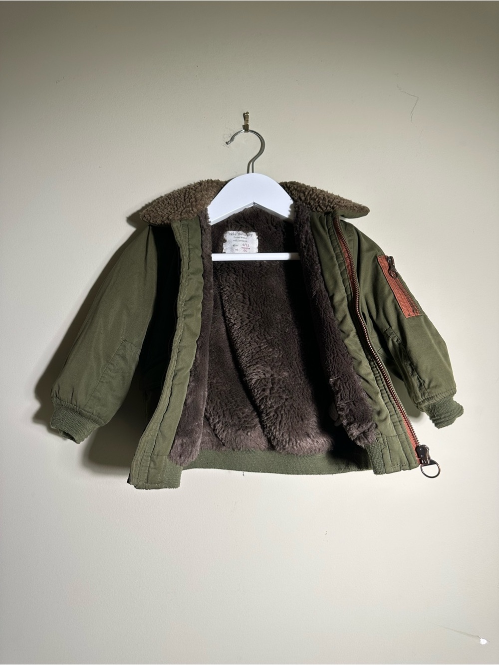 Zara Olive Green Faux Fur-Lined Kids Bomber Jacket